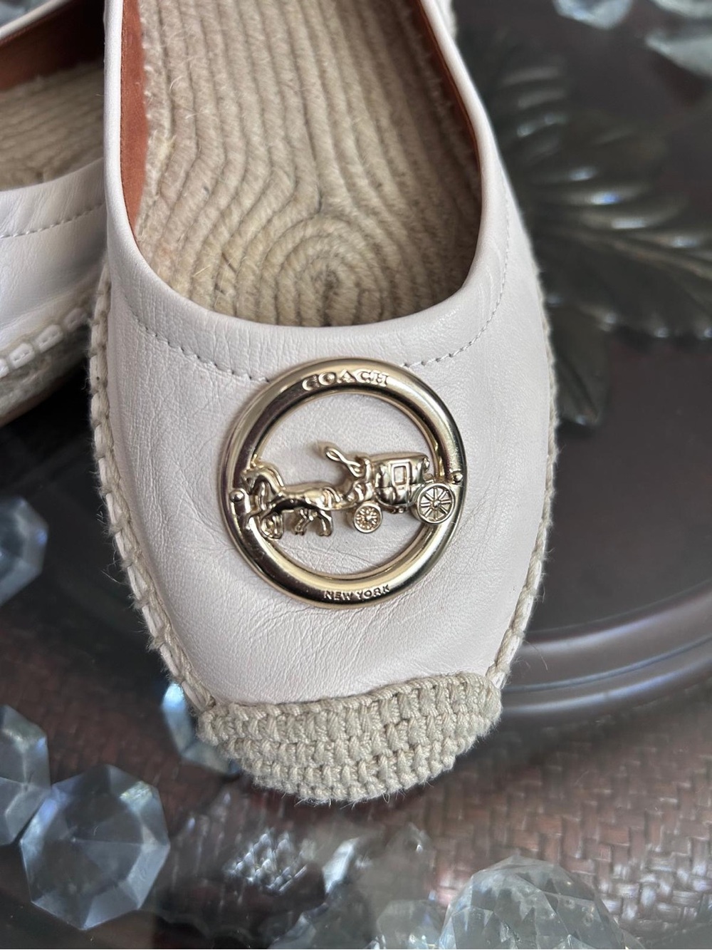 Coach White Leather Espadrille Flats with Gold Horse & Carriage Emblem